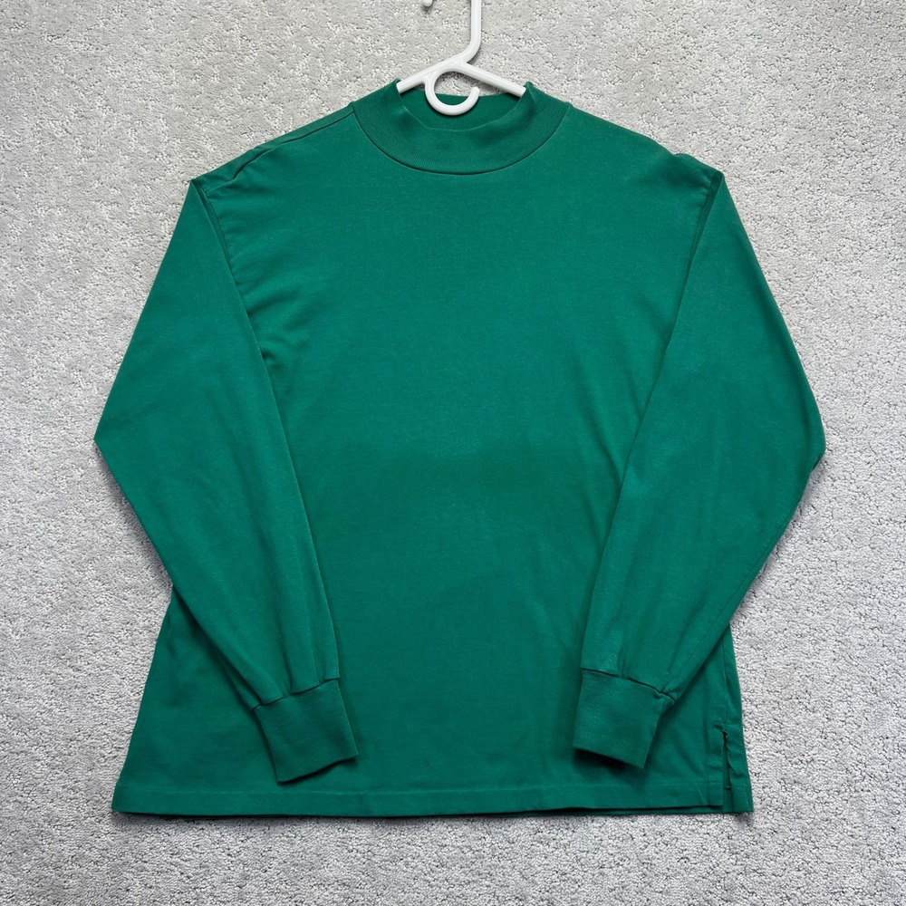 VINTAGE Lands End Top Womens L Green Mock Neck Long Sleeve Made in USA Cotton